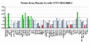 Click to enlarge image Protein Array in which CPTC-CEACAM8-2 is screened against the NCI60 cell line panel for expression. Data is normalized to a mean signal of 1.0 and standard deviation of 0.5. Color conveys over-expression level (green), basal level (blue), under-expression level (red).