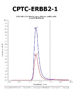 Click to enlarge image Immuno-MRM chromatogram of CPTC-ERBB2-1 antibody (see CPTAC assay portal for details: https://assays.cancer.gov/CPTAC-693)
Data provided by the Paulovich Lab, Fred Hutch (https://research.fredhutch.org/paulovich/en.html). Data shown were obtained from plasma.