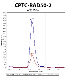 Click to enlarge image Immuno-MRM chromatogram of CPTC-RAD50-2 antibody (see CPTAC assay portal for details: https://assays.cancer.gov/CPTAC-5927)
Data provided by the Paulovich Lab, Fred Hutch (https://research.fredhutch.org/paulovich/en.html). Data shown were obtained from cell lysate.