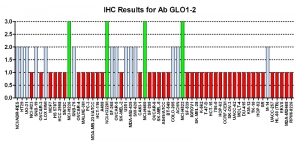 Click to enlarge image Immunohistochemistry of CPTC-GLO1-2 for NCI60 Cell Line Array. Data scored as:
0=NEGATIVE
1=WEAK (red)
2=MODERATE (blue)
3=STRONG (green)
TITER: 1:2500