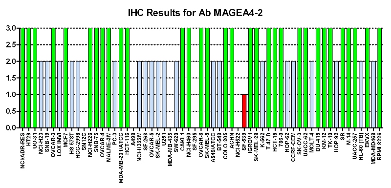 Click to enlarge image Immuno-histochemistry of CPTC-MAGEA4-2 for NCI60  Cell Line Array at titer 1:1250
0=NEGATIVE
1=WEAK(red)
2=MODERATE(blue)
3=STRONG(green)

