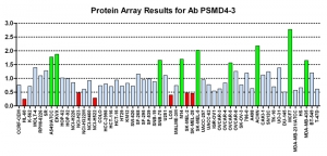 Click to enlarge image Protein Array in which CPTC-PSMD4-3 is screened against the NCI60 cell line panel for expression. Data is normalized to a mean signal of 1.0 and standard deviation of 0.5. Color conveys over-expression level (green), basal level (blue), under-expression level (red).