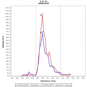 Click to enlarge image Immuno-MRM chromatogram of CPTC-FAAP100-1-1 antibody (see CPTAC assay portal for details:
https://assays.cancer.gov/CPTAC-3225)

Data provided by the Paulovich Lab, Fred Hutch (https://research.fredhutch.org/paulovich/en.html)
