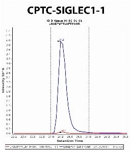 Click to enlarge image Immuno-MRM chromatogram of CPTC-SIGLEC1-1 antibody (see CPTAC assay portal for details: https://assays.cancer.gov/CPTAC-6230)
Data provided by the Paulovich Lab, Fred Hutch (https://research.fredhutch.org/paulovich/en.html). Data shown were obtained from frozen tissue