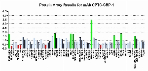 Click to enlarge image Protein Array in which CPTC-CRP-1 is screened against the NCI60 cell line panel for expression. Data is normalized to a mean signal of 1.0 and standard deviation of 0.5. Color conveys over-expression level (green), basal level (blue), under-expression level (red).