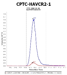 Click to enlarge image Immuno-MRM chromatogram of CPTC-HAVCR2-1 antibody (see CPTAC assay portal for details: https://assays.cancer.gov/CPTAC-5984)
Data provided by the Paulovich Lab, Fred Hutch (https://research.fredhutch.org/paulovich/en.html). Data shown were obtained from FFPE tumor tissue lysate pool.