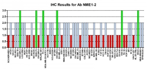 Click to enlarge image Immunohistochemistry of CPTC-NME1-2 for NCI60 Cell Line Array. Data scored as:
0=NEGATIVE
1=WEAK (red)
2=MODERATE (blue)
3=STRONG (green)
Titer: 1:50
