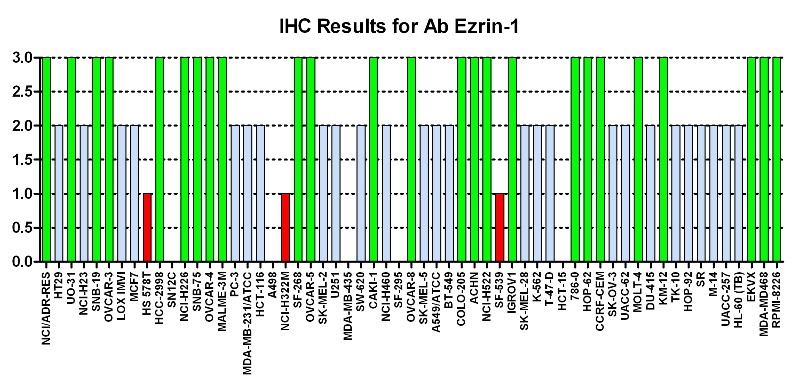 Click to enlarge image Immuno-histochemistry of CPTC-Erzin-1 for NCI60  Cell Line Array at titer 1:4000
0=NEGATIVE
1=WEAK(red)
2=MODERATE(blue)
3=STRONG(green)
