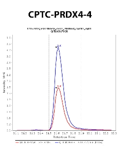 Click to enlarge image Immuno-MRM chromatogram of CPTC-PRDX4-4  antibody (see CPTAC assay portal for details: https://assays.cancer.gov/CPTAC-713)
Data provided by the Paulovich Lab, Fred Hutch (https://research.fredhutch.org/paulovich/en.html). Data shown were obtained from plasma.