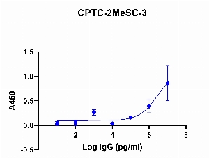 Click to enlarge image Indirect ELISA using CPTC-2MeSC-3 as primary antibody against BSA-conjugated Itaconate peptide, coated on the plate and detected using the goat anti-mouse antibody and TMB. No binding was observed.