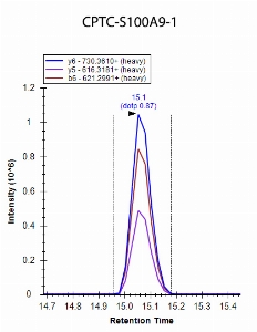 Click to enlarge image iMRM data obtained using antibody CPTC-S100A9-1 to immuno-precipitate peptide LGHPDTLNQGEFK (CPTC-S100A9 Peptide 1)

Data provided by the Carr Lab, Broad Institute
https://www.broadinstitute.org/proteomics/protocols