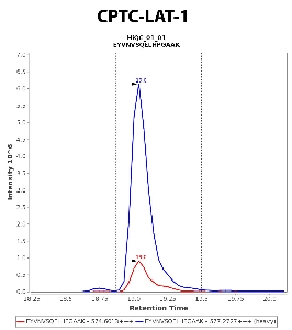 Click to enlarge image Immuno-MRM chromatogram of CPTC-LAT-1 antibody (see CPTAC assay portal for details: https://assays.cancer.gov/CPTAC-5889)
Data provided by the Paulovich Lab, Fred Hutch (https://research.fredhutch.org/paulovich/en.html). Data shown were obtained from cell lysate.