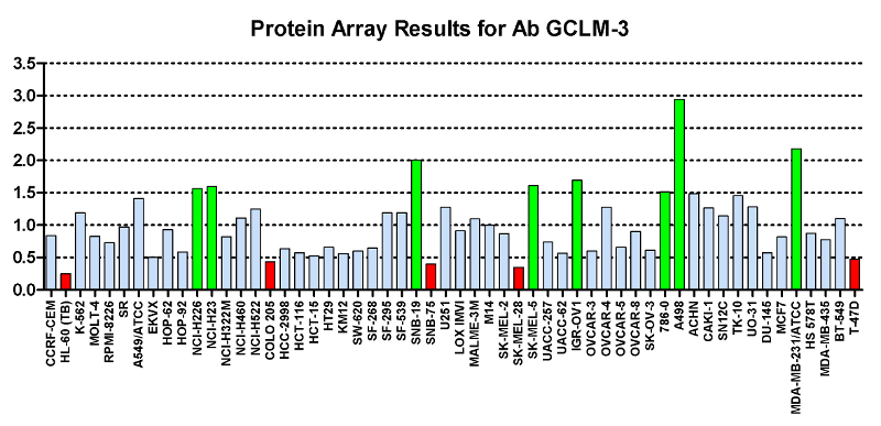 Click to enlarge image Immuno-histochemistry of CPTC-GCLM-3 for NCI60  Cell Line Array with titer of 1:5000
0=NEGATIVE
1=WEAK(red)
2=MODERATE(blue)
3=STRONG(green)
