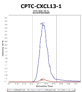 Click to enlarge image Immuno-MRM chromatogram of CPTC-CXCL13-1 antibody (see CPTAC assay portal for details: https://assays.cancer.gov/CPTAC-5936)
Data provided by the Paulovich Lab, Fred Hutch (https://research.fredhutch.org/paulovich/en.html). Data shown were obtained from FFPE tumor tissue lysate pool.