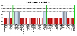 Click to enlarge image Immunohistochemistry of CPTC-NME2-2 for NCI60 Cell Line Array. Data scored as:
0=NEGATIVE
1=WEAK (red)
2=MODERATE (blue)
3=STRONG (green)
Titer: 1:50