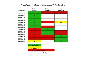 Click to enlarge image This table shows the cross reactivity by indirect ELISA with the GST group of antigens.  