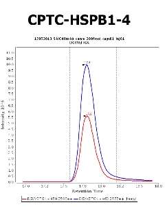 Click to enlarge image Immuno-MRM chromatogram of CPTC-HSPB1-4 antibody (see CPTAC assay portal for details: https://assays.cancer.gov/CPTAC-702)
Data provided by the Paulovich Lab, Fred Hutch (https://research.fredhutch.org/paulovich/en.html). Data shown were obtained from plasma.