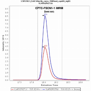 Click to enlarge image Immuno-MRM chromatogram of CPTC-ATM-1 antibody (see CPTAC assay portal for details:  (https://assays.cancer.gov/CPTAC-709)