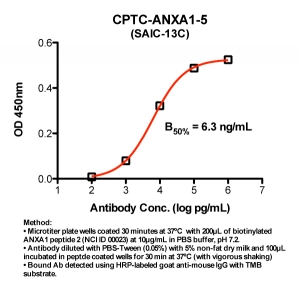 Click to enlarge image Indirect peptide ELISA (ie, binding of Antibody to biotinylated peptide coated on a NeutrAvidin plate). Note: B50% represents the concentration of Ab required to generate 50% of maximum binding.