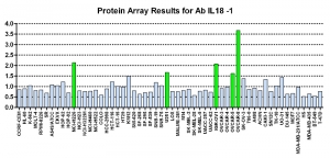 Click to enlarge image Protein Array in which CPTC IL-18-1 is screened against the NCI60 cell line panel for expression. Data is normalized to a mean signal of 1.0 and standard deviation of 0.5. Color conveys over-expression level (green), basal level (blue), under-expression level (red).